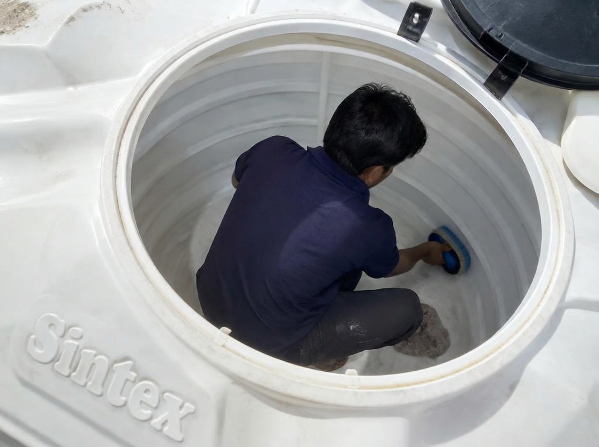 Cleaner brushing the interior of a white Sintex overhead water tank
