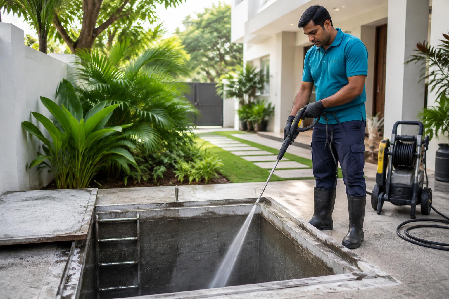 Pressure washing an underground concrete sump