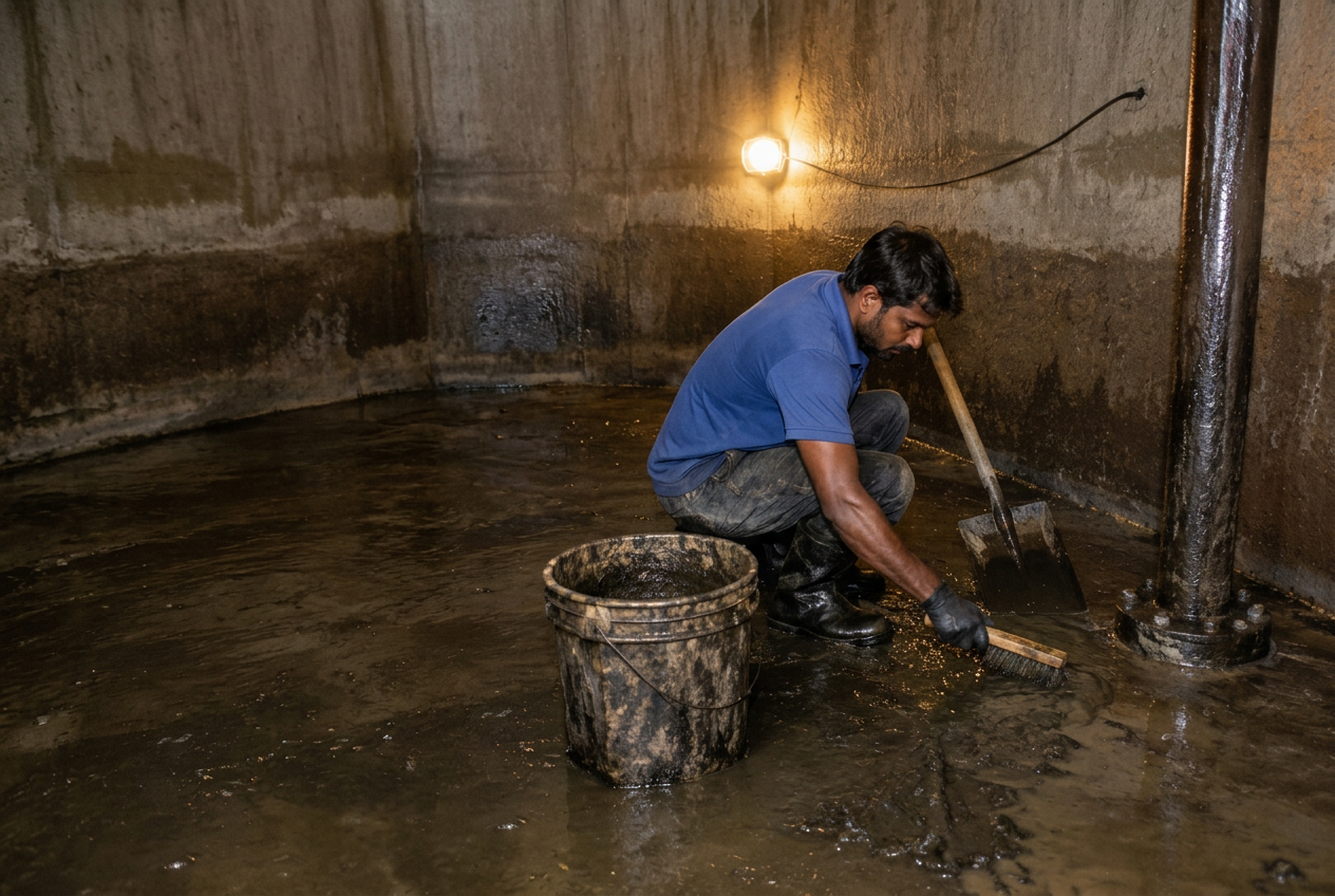 Cleaner scrubbing settled sludge from the floor of a sump tank